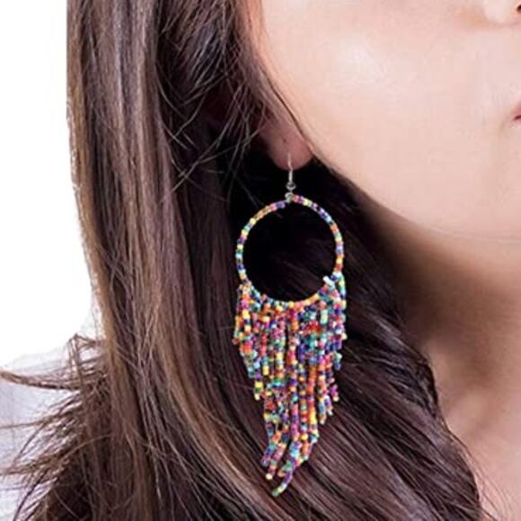 New Colorful Long Beaded Dangle Tassel Hook Earrings Multi Colors A0104 - Picture 4 of 15